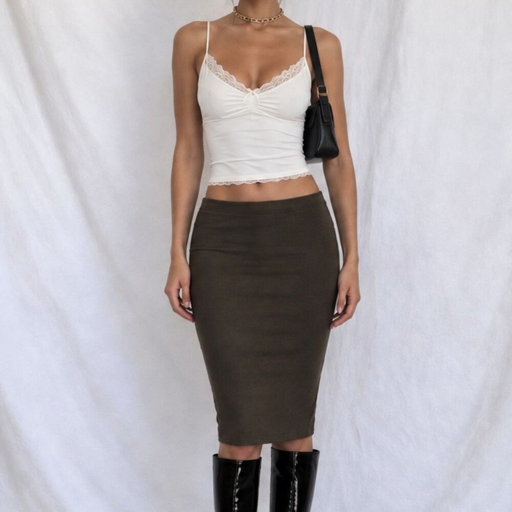 Vintage Y2K Camo Green Knee Length Knit Bodycon Straight Pencil Skirt Size S/M